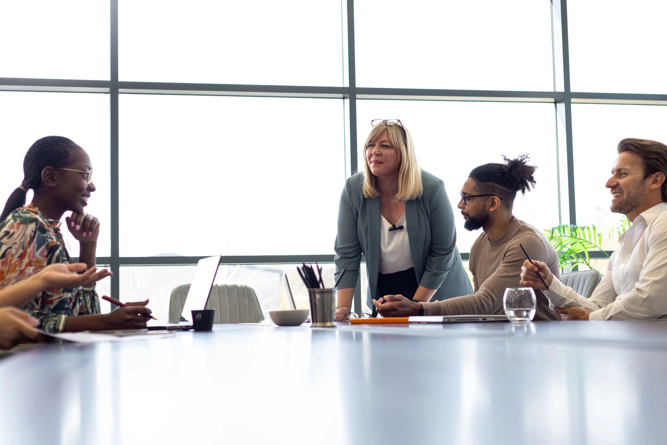 Technology team collaborating in a modern office